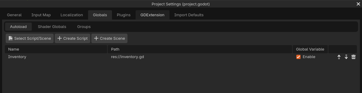 Autoload “Inventory” ajouté au projet