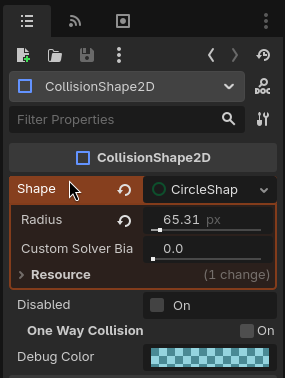 Le noeud CollisionShape2D avec un CircleShape2D ajusté à la balle